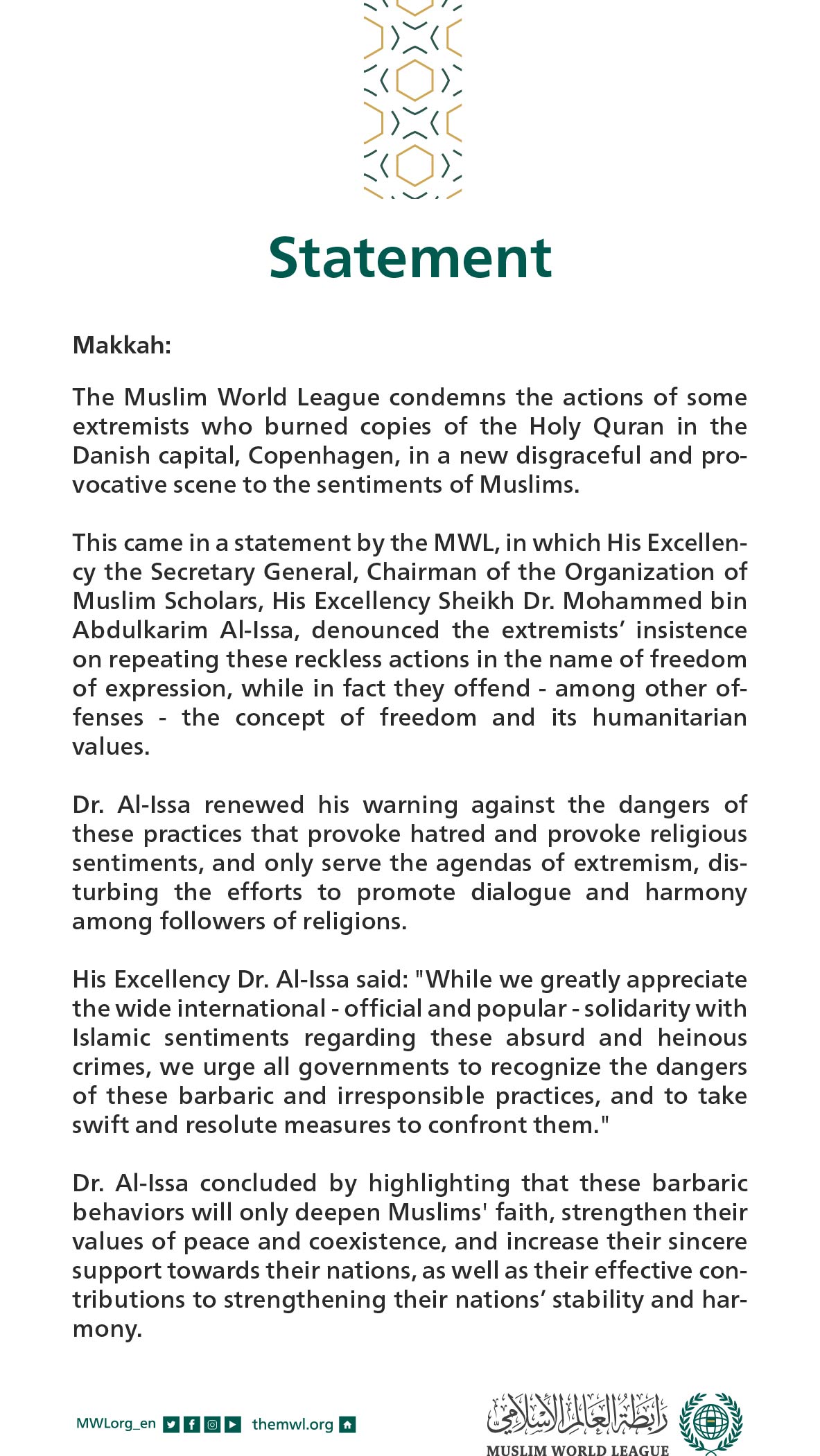 Statement from the Muslim World League