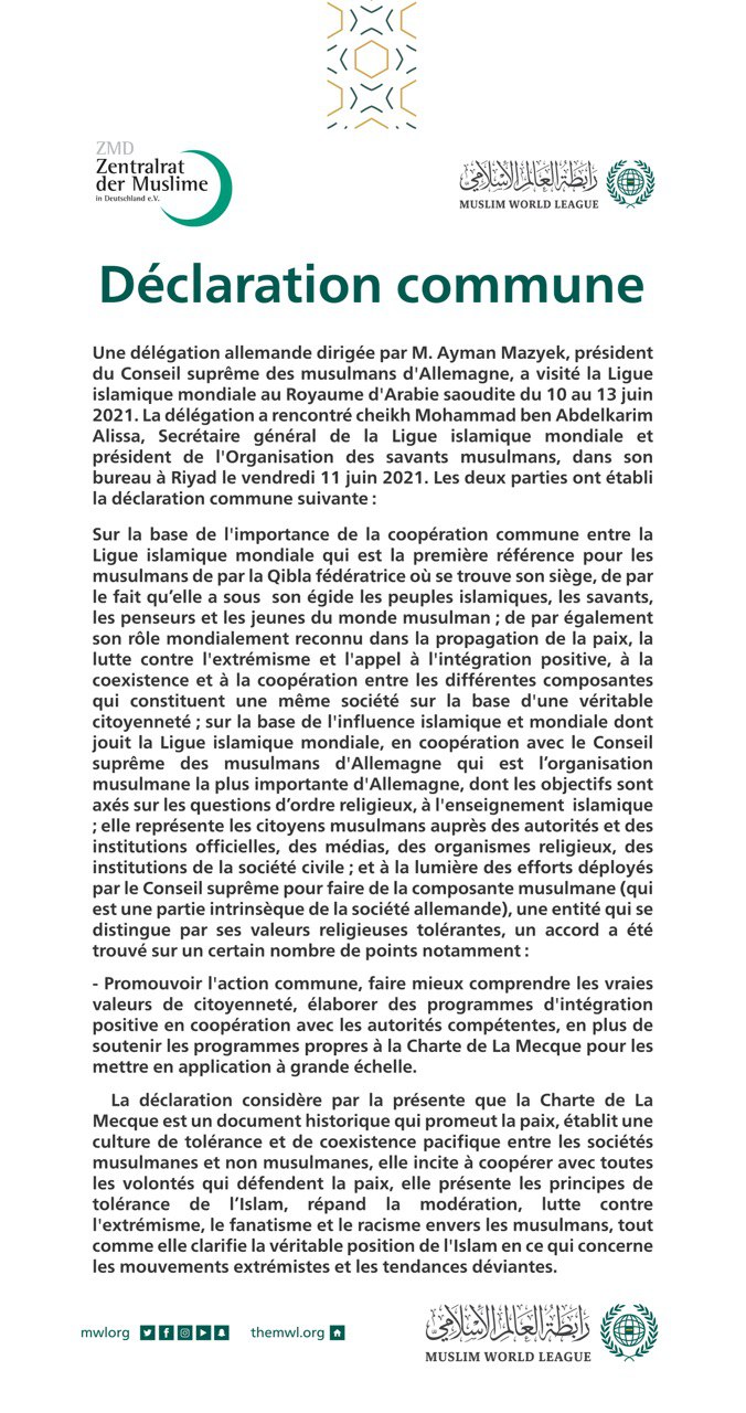 Pour renforcer la collaboration et promouvoir les valeurs de la citoyenneté et mettre en application la Charte Mecque Déclaration commune entre la Ligue Islamique Mondiale et le Conseil suprême des musulmans d’Allemagne: