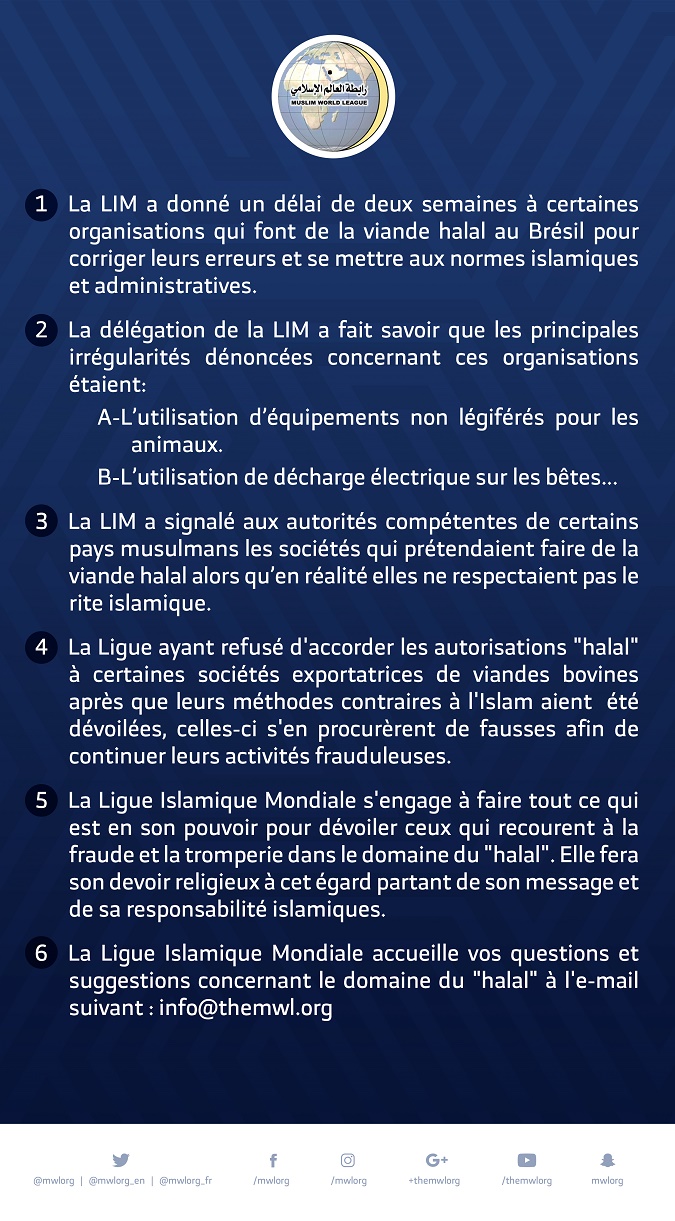 La LIM a donné un délai de deux semaines à certaines organisations qui font de la viande halal au Brésil pour corriger leurs erreurs