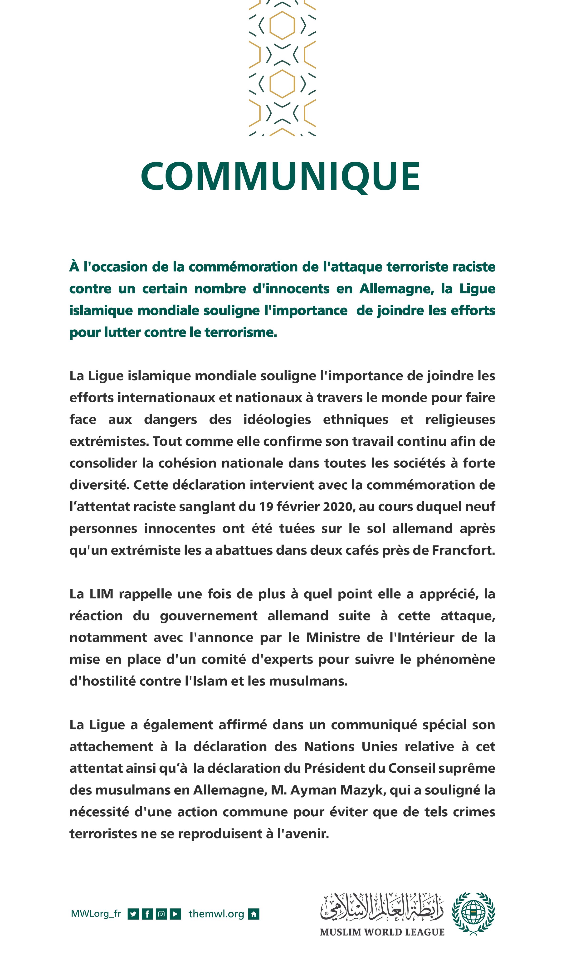 Communiqué de la Ligue Islamique Mondiale