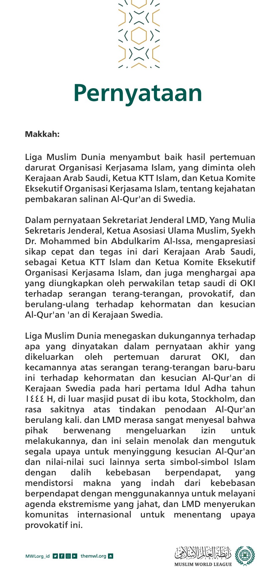 Pernyataan dari Liga Muslim Dunia: