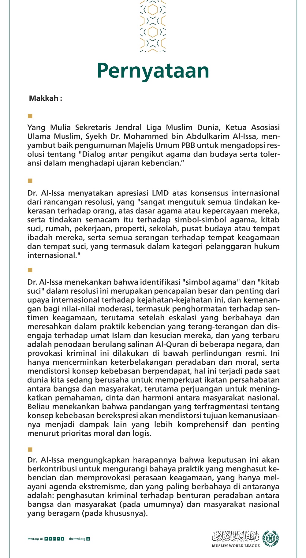 Pernyataan dari Liga Muslim Dunia: