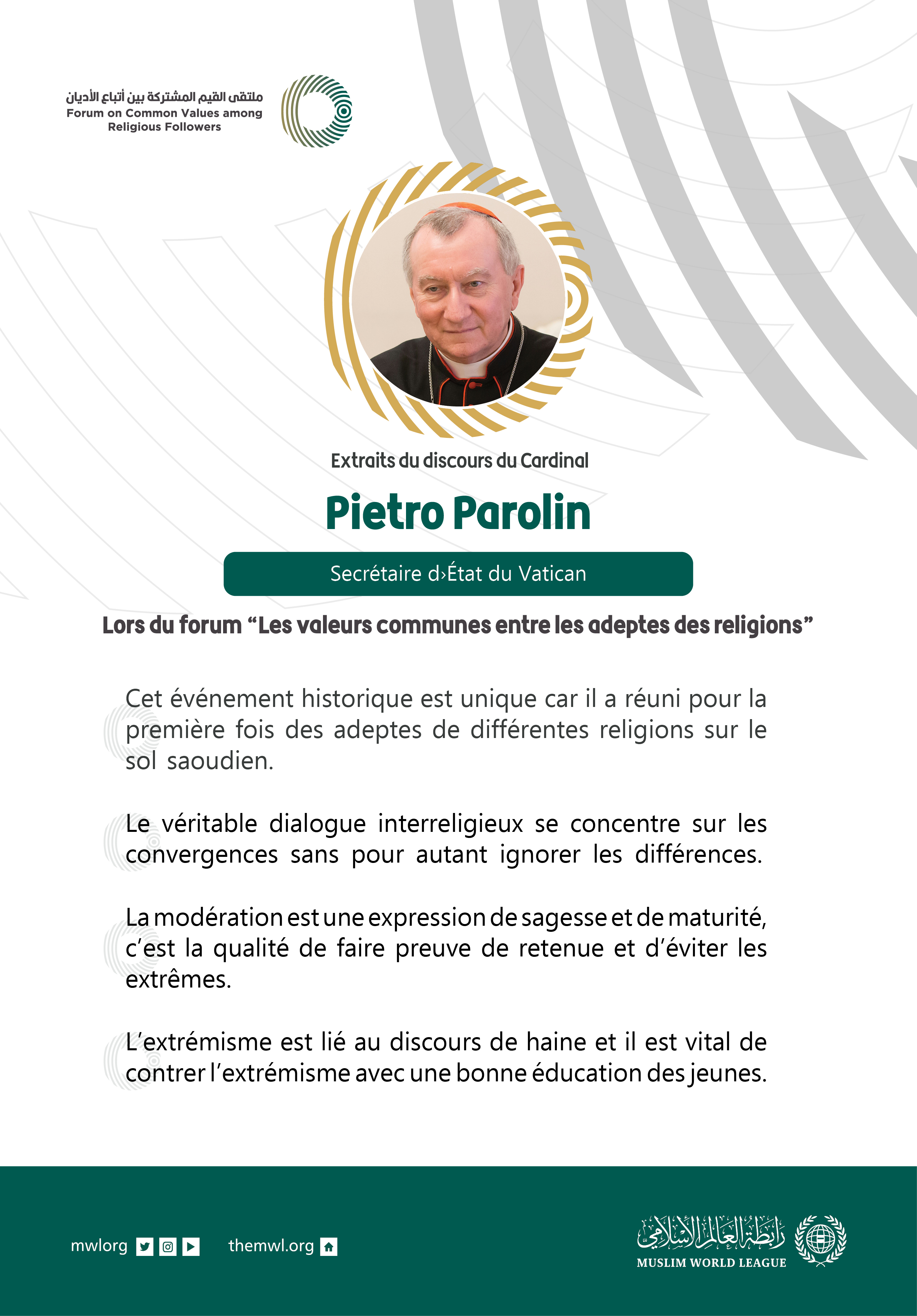 Extraits du discours du Cardinal Pietro Parolin Secrétaire d’Etat au Vatican lors du Forum Valeurs Communes Riyad :