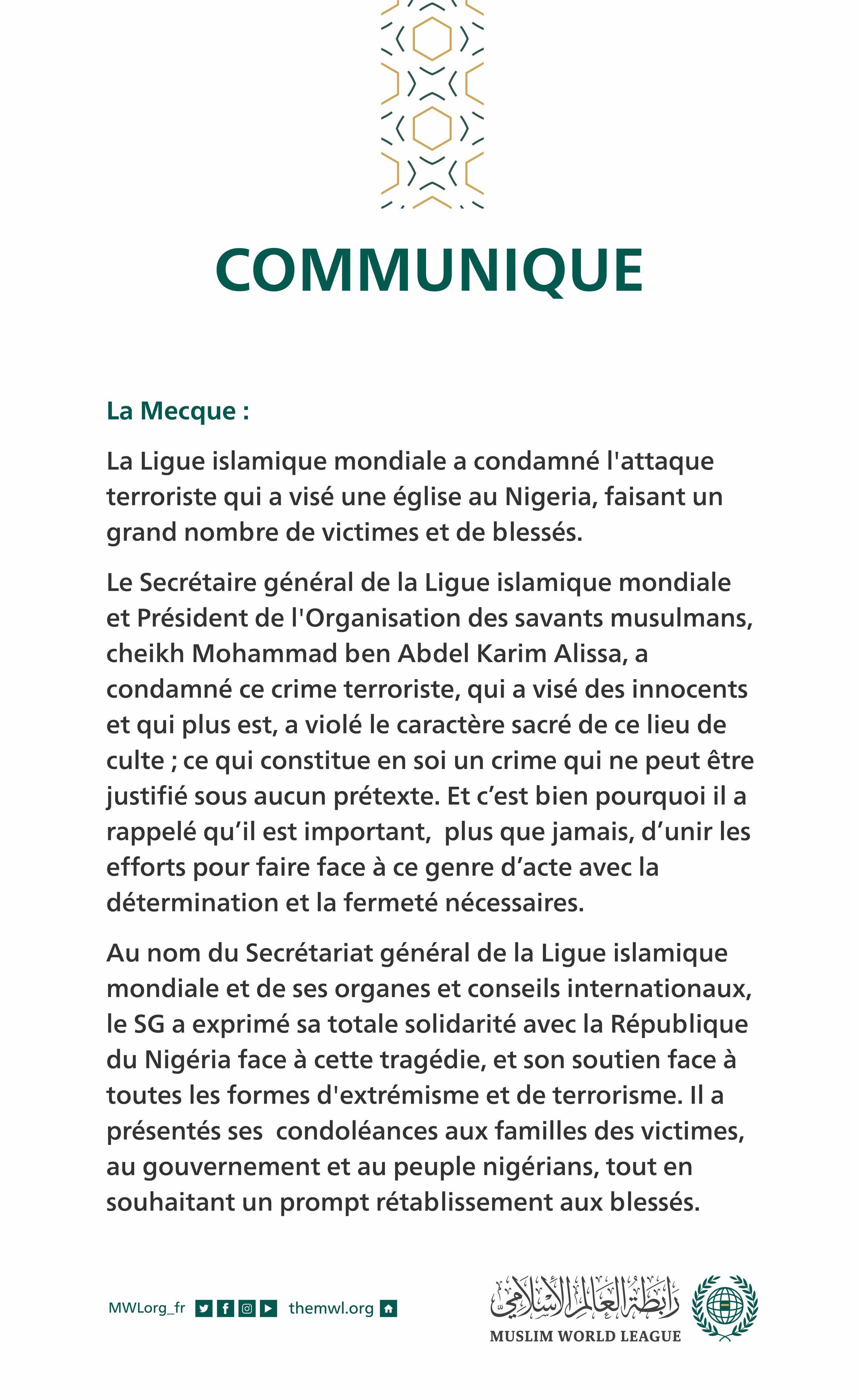 Communiqué de la Ligue Islamique Mondiale :