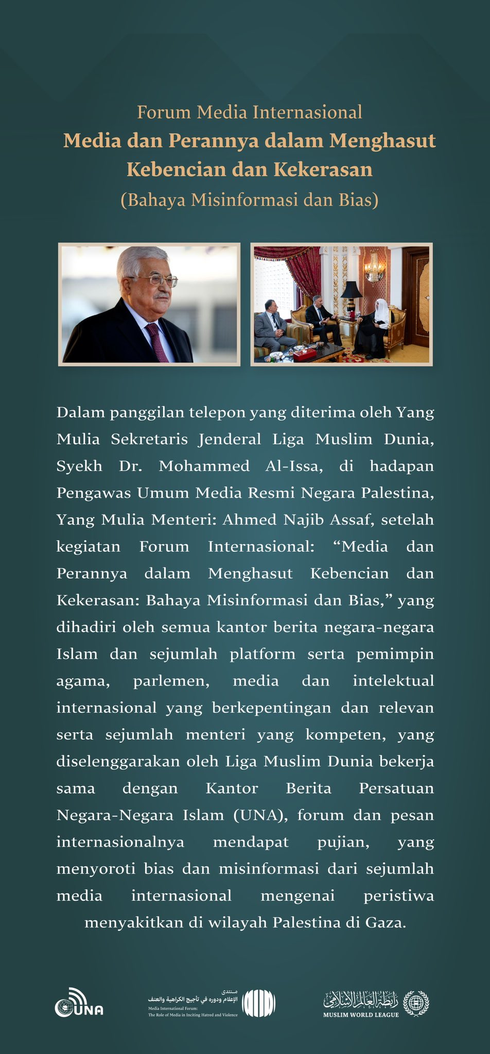  Yang Mulia Presiden Palestina Mahmoud Abbas, dalam panggilan telepon dengan Yang Mulia Sekretaris Jenderal LMD, Syeikh Dr. Mohammed Al-issa     