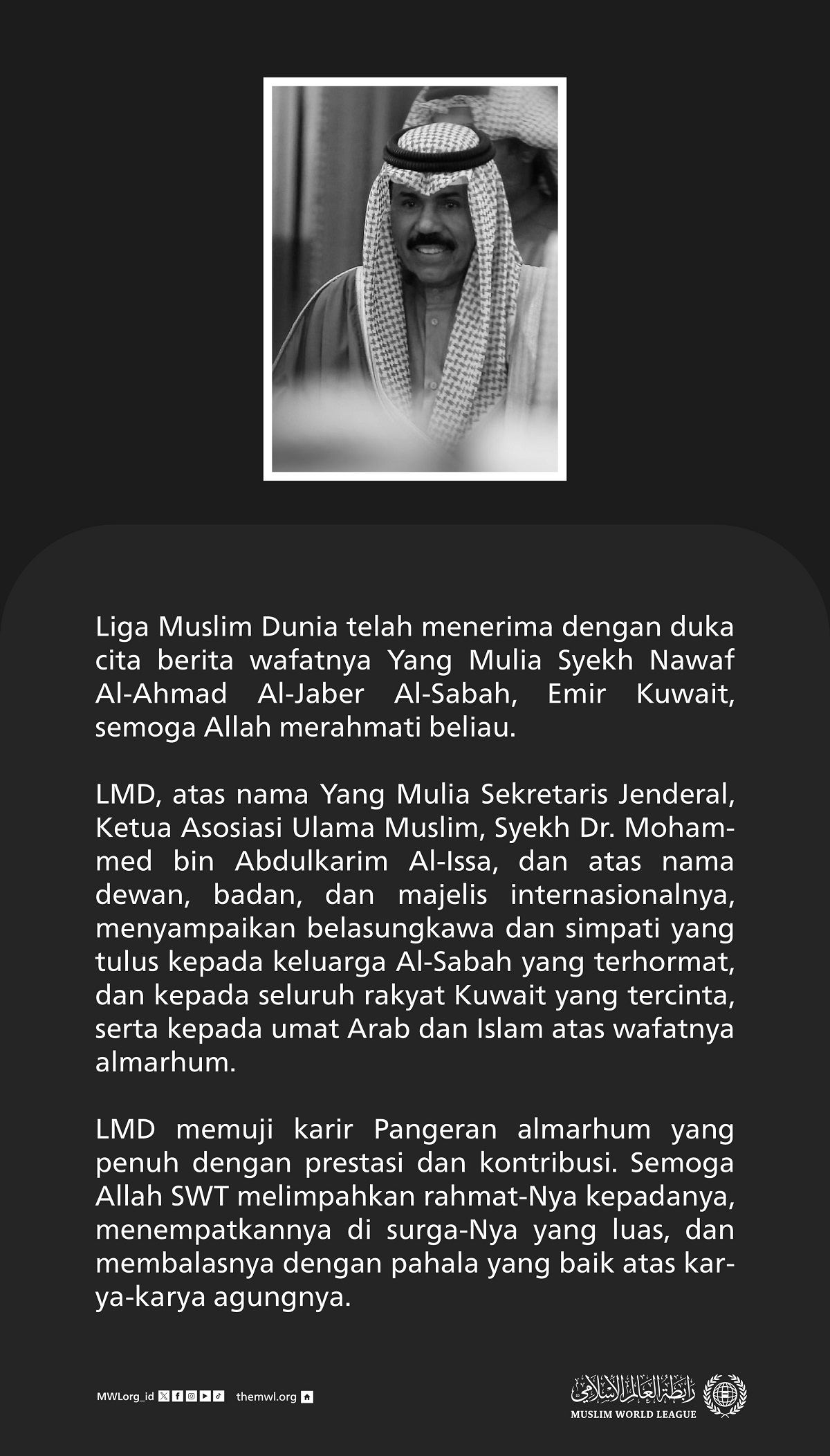 Belasungkawa dari Liga Muslim Dunia: