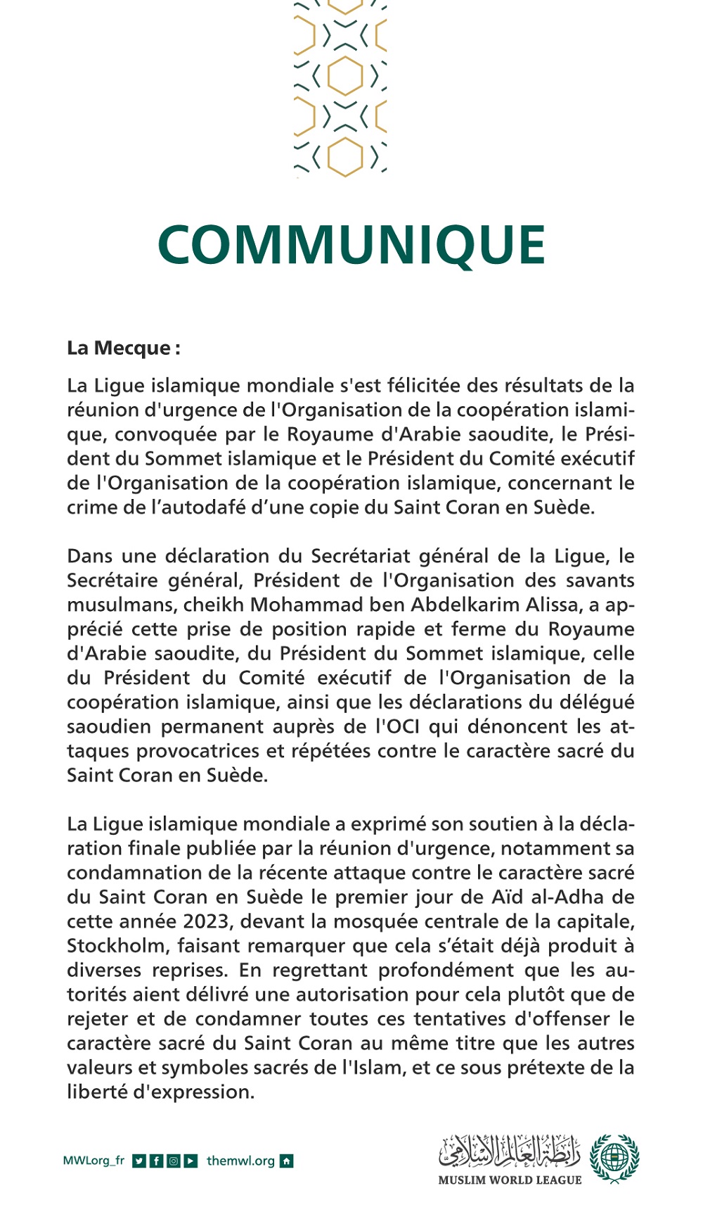 Communiqué de la Ligue Islamique Mondiale