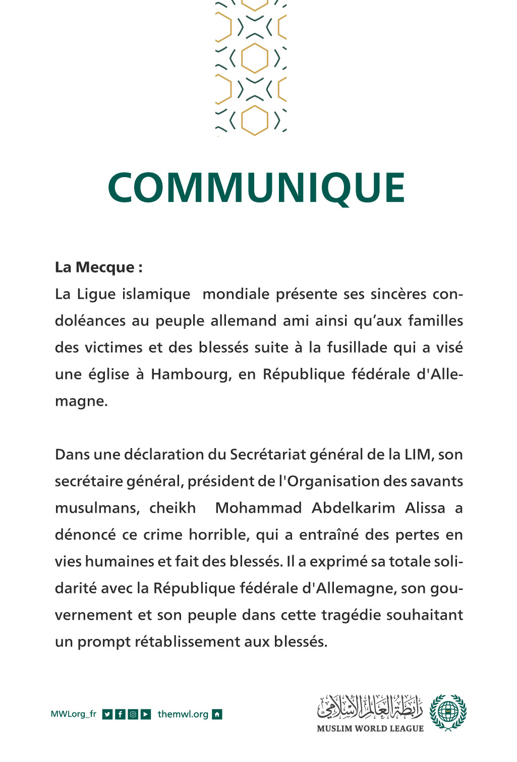 Communiqué de la Ligue Islamique Mondiale :