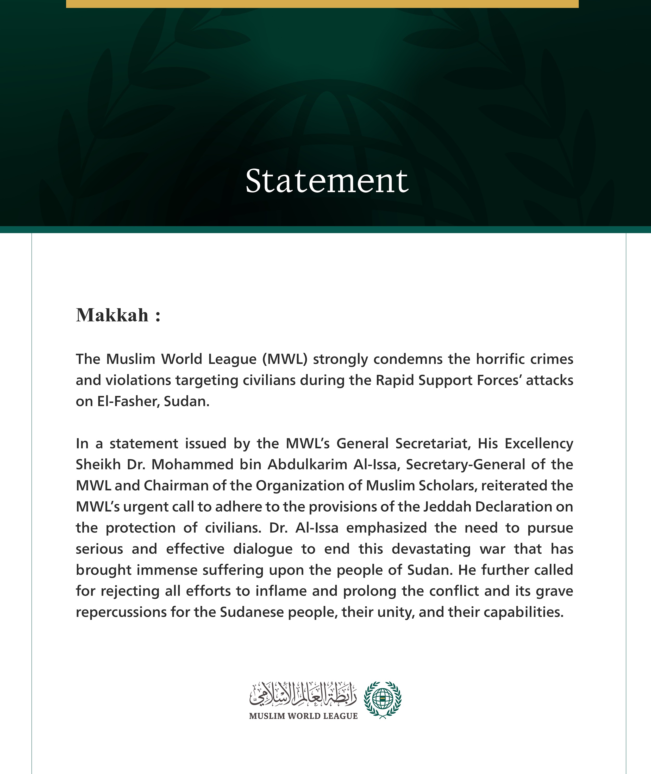 The Muslim World League Condemns the Horrific Violations Against Civilians in El-Fasher