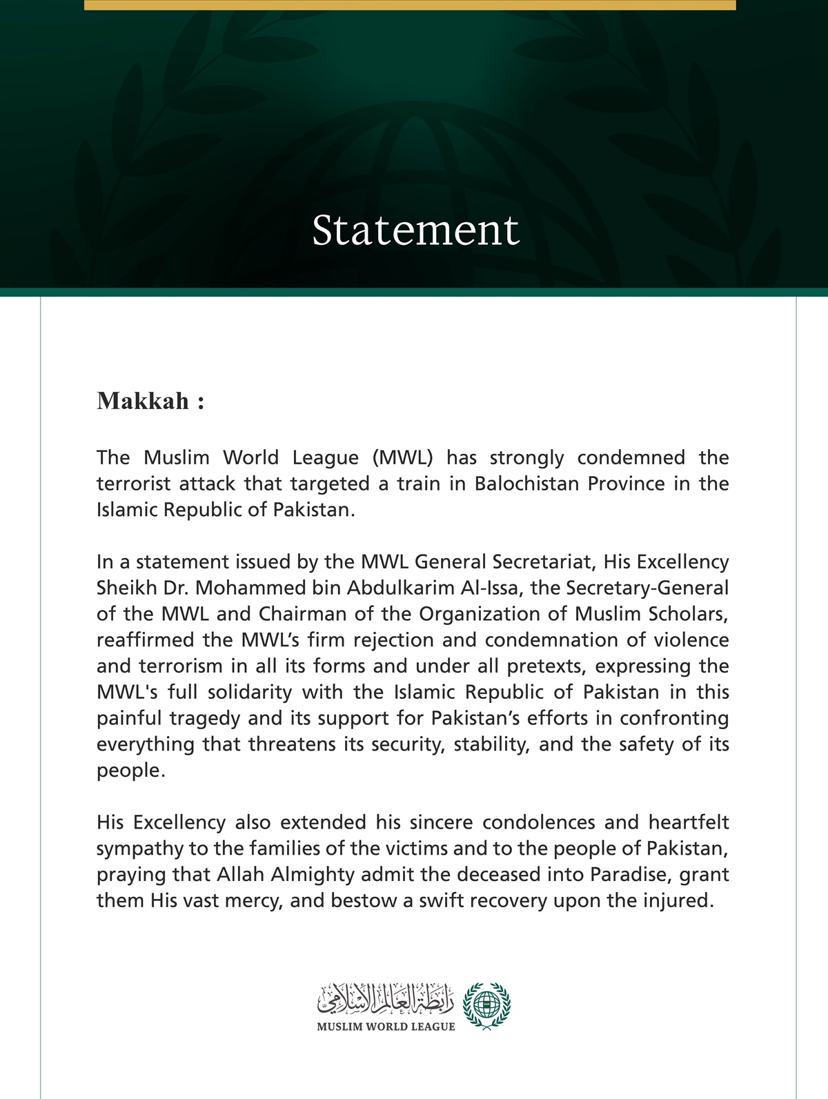 The Muslim World League Condemns the Terrorist Attack on a Train in Balochistan Province, Islamic Republic of Pakistan