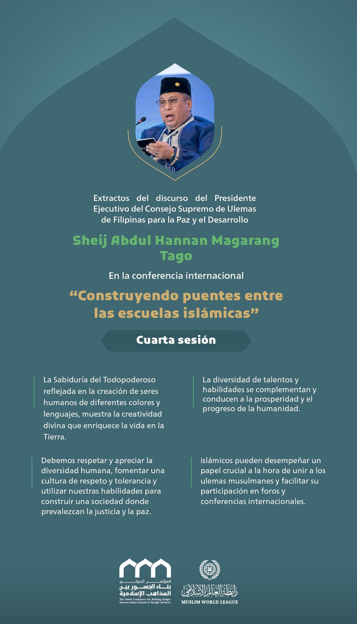 Extractos del discurso del presidente ejecutivo del Consejo Supremo de Ulemas de Filipinas para la Paz y el Desarrollo, el Sheij Abdul Hannan Magarang Tago, en la conferencia internacional 