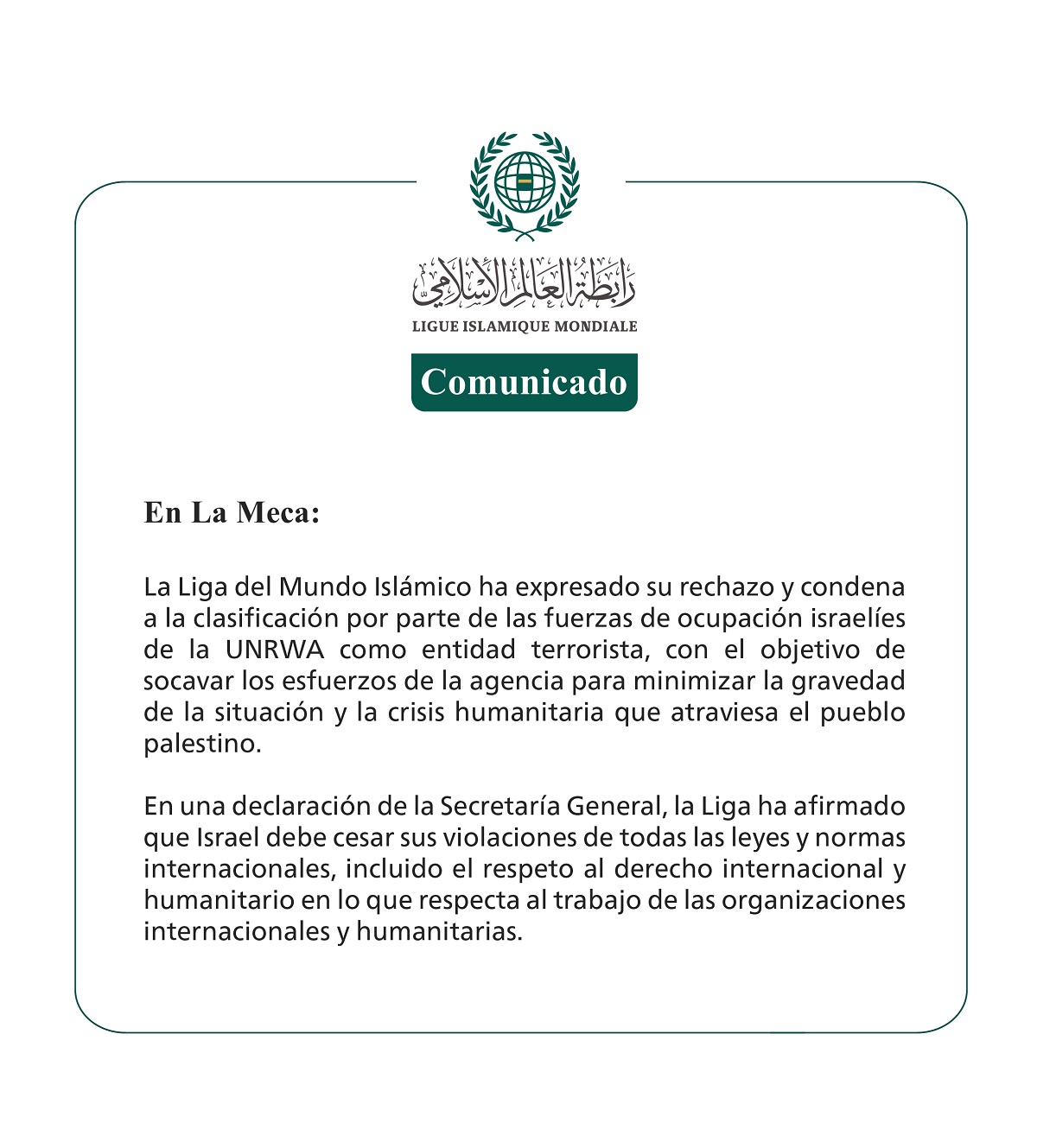 Comunicado de la LigadelMundoIslamico