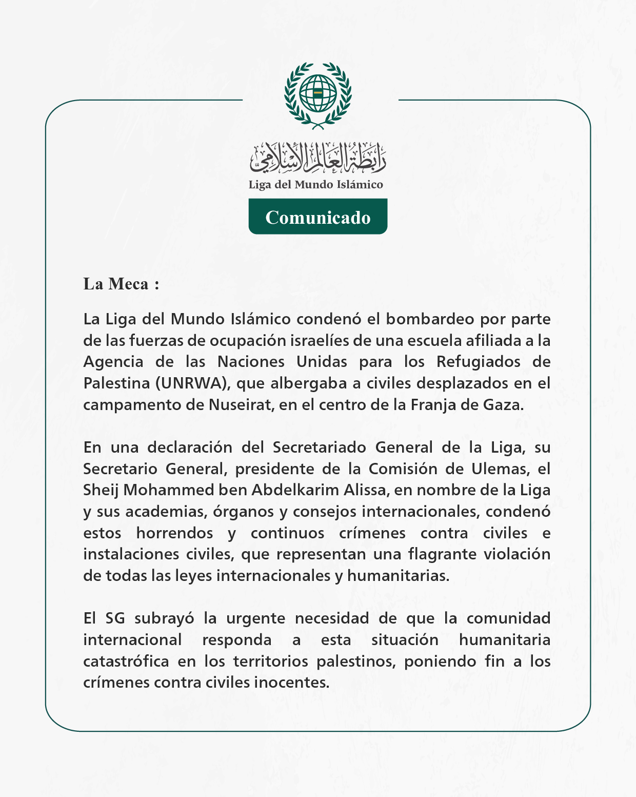 Comunicado de la LigadelMundoIslamico: