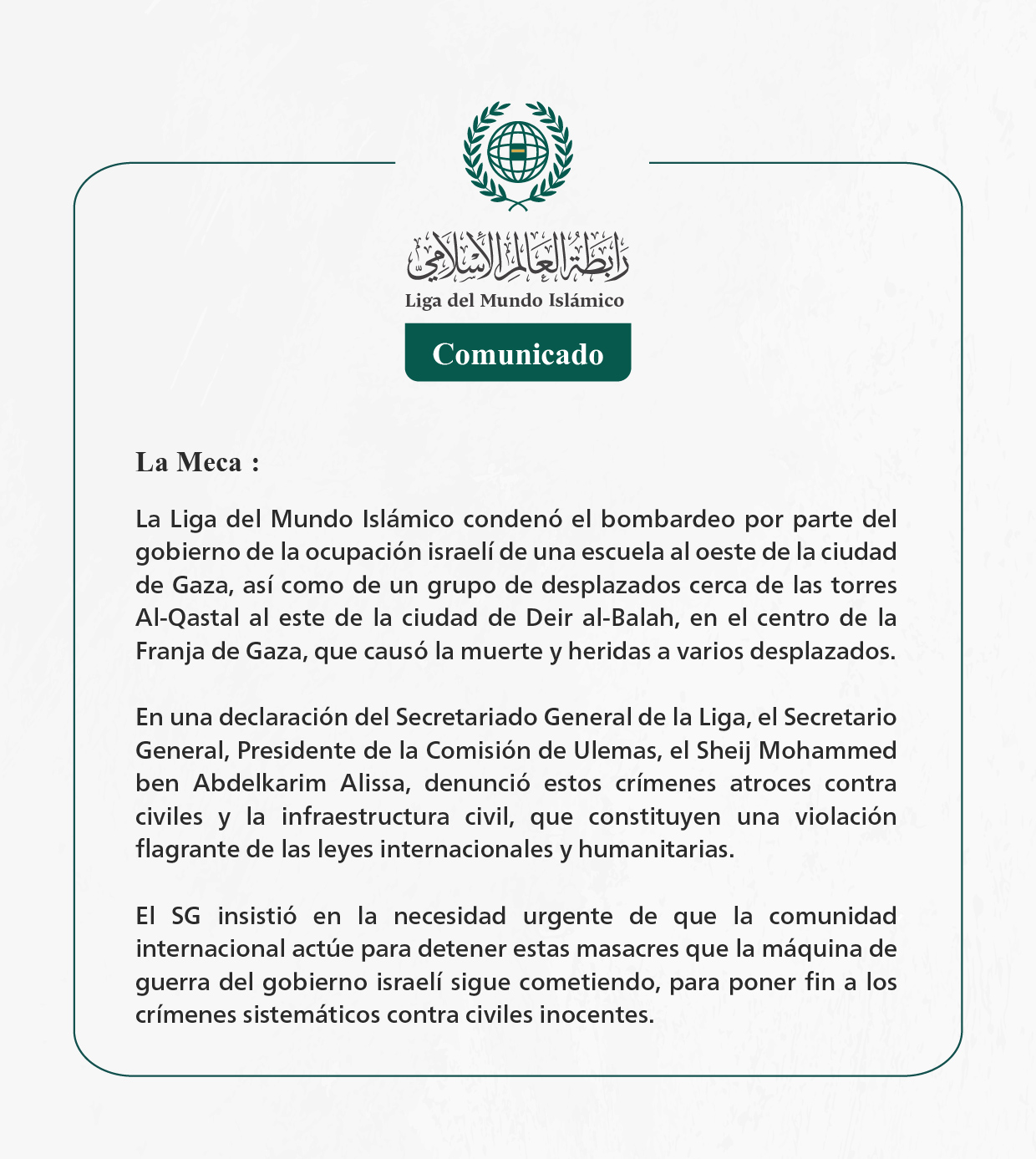 Comunicado de la LigadelMundoIslamico: