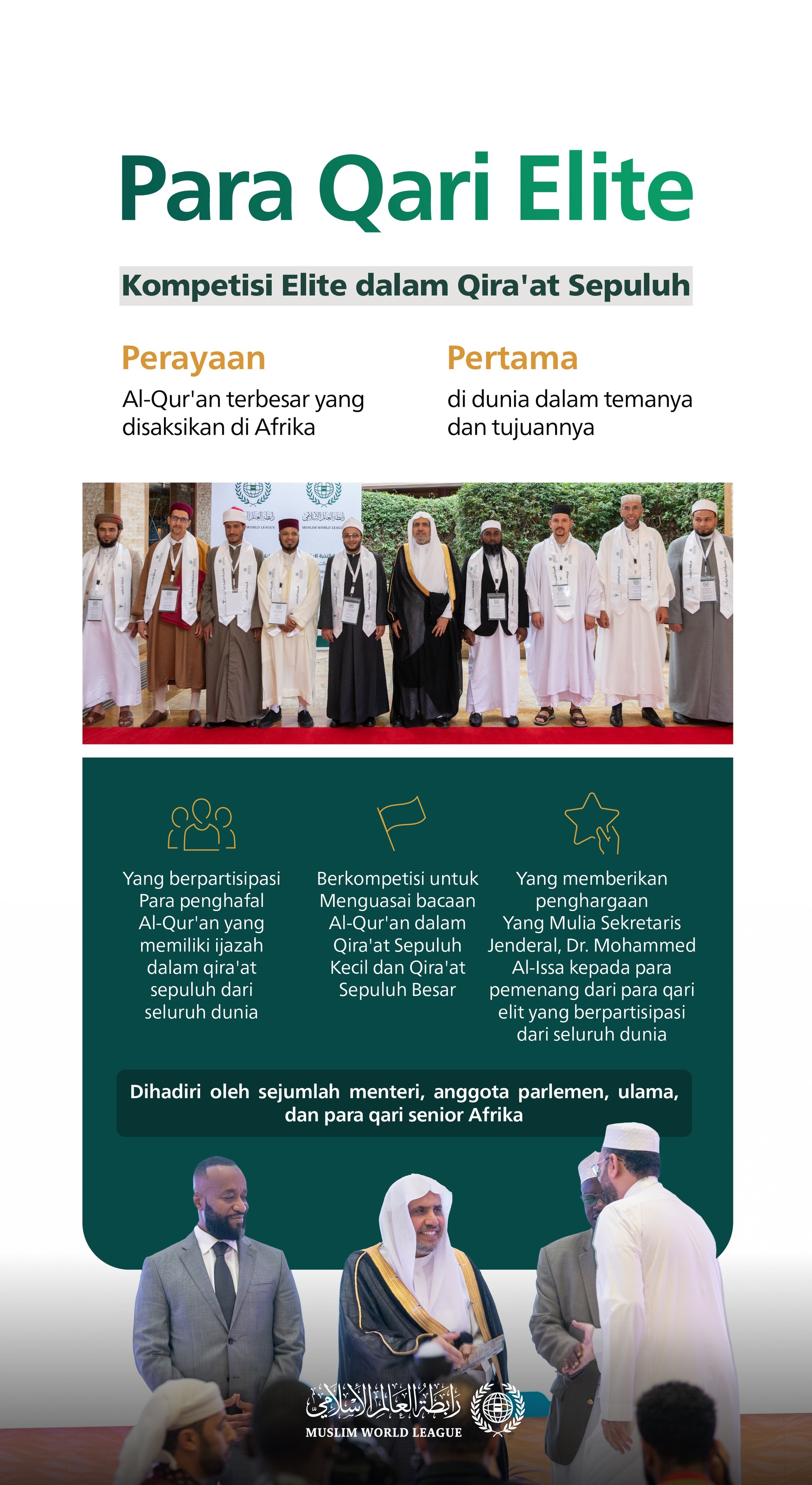 Kenali "Para Qari Elite" dalam Qira'at Sepuluh. Perayaan Al-Qur'an terbesar di benua Afrika, yang diselenggarakan oleh Liga Muslim Dunia dengan partisipasi luas dari para penghafal Al-Qur'an yang memiliki ijazah dalam qira'at sepuluh dari seluruh dunia: