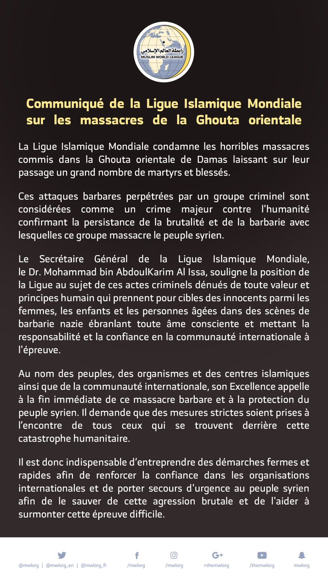 Communiqué de la Ligue Islamique Mondiale sur les massacres de la Ghouta orientale