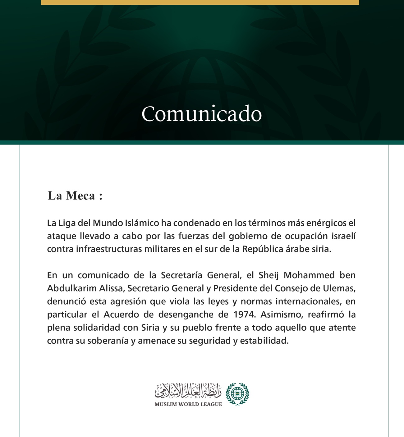 La Liga del Mundo Islámico condena en los términos más enérgicos el ataque israelí en el sur de la Siria.