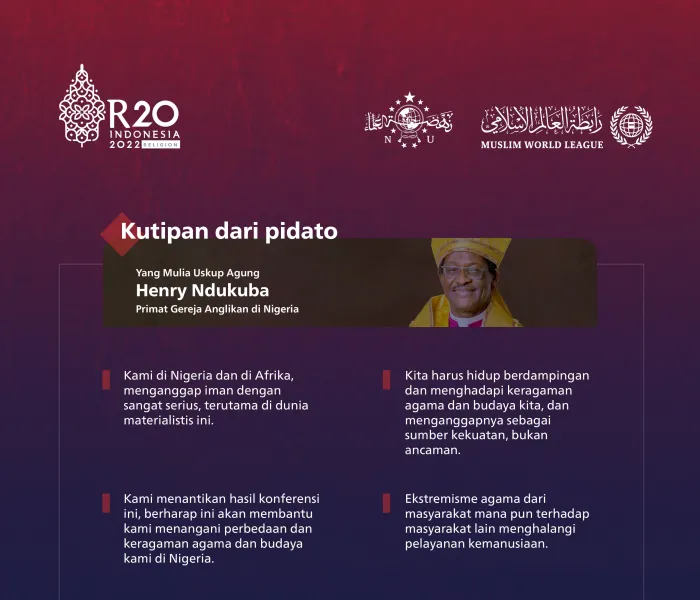 Poin-poin paling menonjol yang disampaikan oleh Yang Mulia Uskup Agung, Primat Gereja Anglikan di Nigeria, Henry Ndukuba, selama berpartisipasi dalam KTTR20 di Bali: