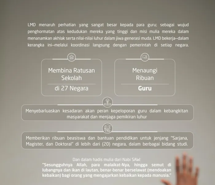 Kami peduli dan memberdayakan mereka; agar mereka dapat berkontribusi dalam membangun generasi yang tercerahkan, yang mampu memajukan masyarakatnya, dan—dengan pertolongan Allah—mewujudkan masa depannya. Hari Guru Sedunia