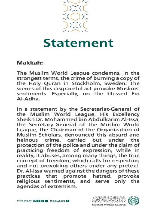 Statement from the Muslim World League: