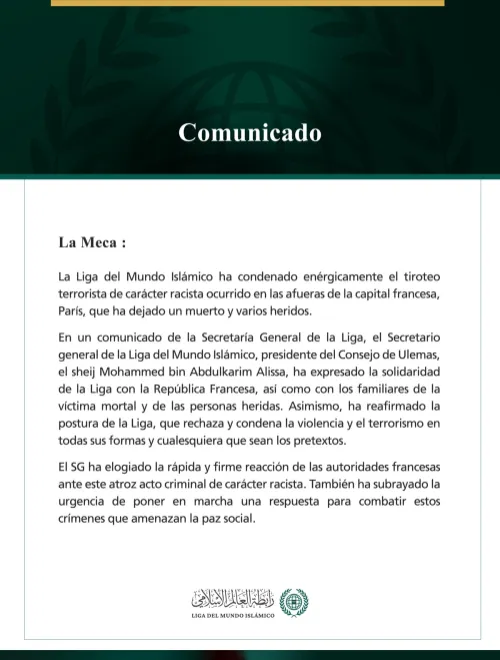 La Liga del Mundo Islámico condena el atentado terrorista de carácter racista perpetrado al suroeste de París