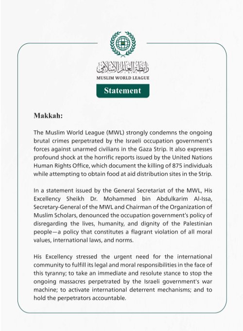 The Muslim World League Condemns Ongoing Brutal Crimes Against Unarmed Civilians in the Gaza Strip