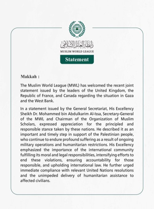 Muslim World League Welcomes Joint Statement by UK, France, and Canada on Gaza and the West Bank