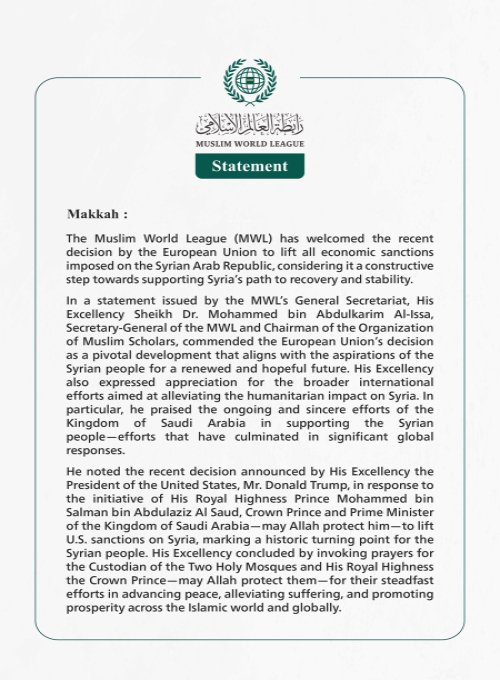 Muslim World League Welcomes European Union’s Decision to Lift Sanctions on Syria