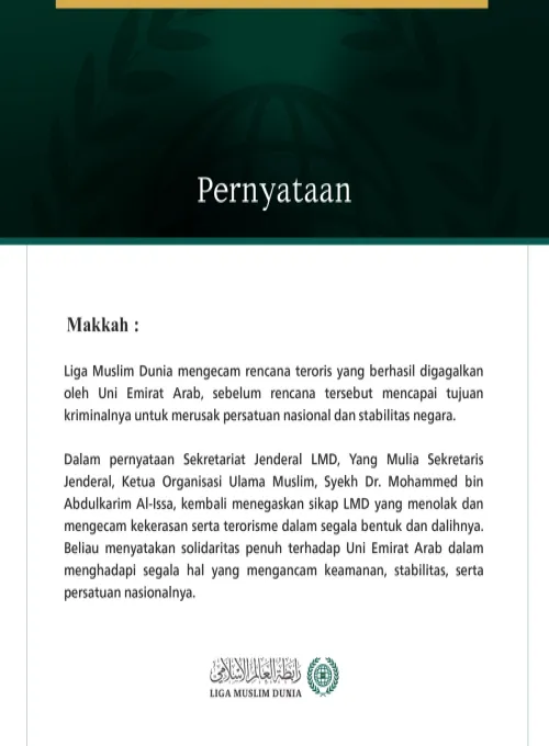 Liga Muslim Dunia Kecam Rencana Teroris yang Menargetkan Uni Emirat Arab