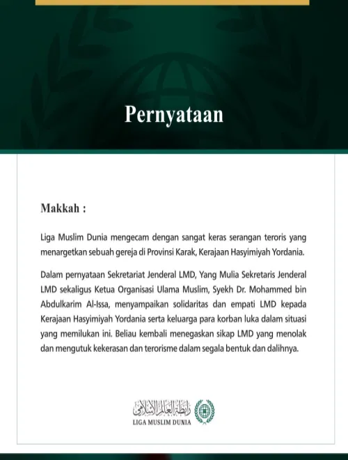 Liga Muslim Dunia Mengutuk Serangan Teroris yang Menargetkan Sebuah Gereja di Yordania