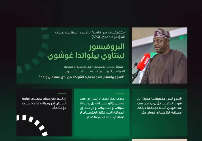 ‏مقتطفاتٌ من كلمة الرئيس الوطني لحزب المؤتمر التقدمي (APC) معالي البروفيسور نينتاوي بيلواتدا، ممثلاً للجانب المسيحي في الجلسة الافتتاحية لمبادرةِ الرابطة للسِّلم المجتمعيّ في غرب أفريقيا: