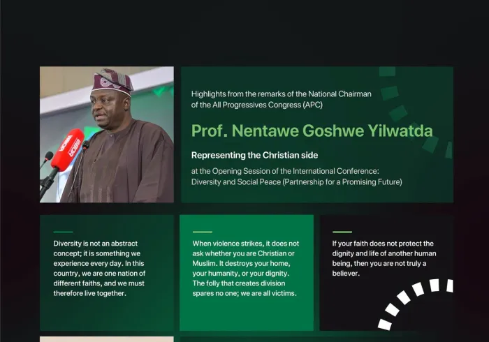 Highlights from the remarks of H.E. Prof. Nentawe Goshwe Yilwatda, National Chairman of the All Progressives Congress (APC), representing the Christian side at the opening session of the Muslim World League’s initiative for Social Peace in West Africa