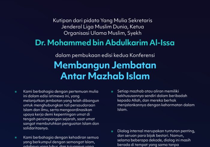 "Seruan Para Bijak Bestari"    Kutipan dari pidato Yang Mulia Sekretaris Jenderal LMD, Ketua Organisasi Ulama Muslim, Syekh Dr. Mohammed Alissa , dalam pembukaan edisi kedua Konferensi Membangun Jembatan Antar Mazhab Islam: