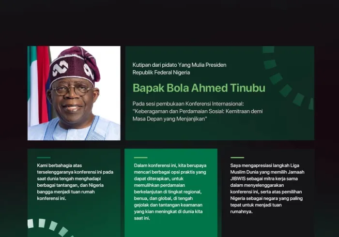 Kutipan dari pidato Yang Mulia Presiden Republik Federal Nigeria, Bapak Bola Ahmed Tinubu, pada peluncuran Inisiatif LMD untuk Perdamaian Sosial di Afrika Barat yang diselenggarakan di bawah naungan beliau: