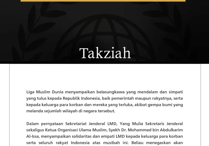 Liga Muslim Dunia Menyampaikan Belasungkawa kepada Indonesia atas Para Korban Gempa Bumi yang Melanda Negara Tersebut