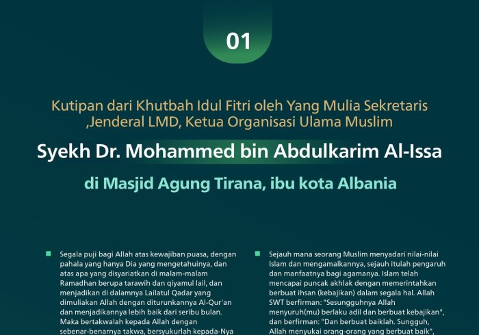 Kutipan dari khutbah Idul Fitri yang disampaikan oleh Yang Mulia Sekretaris Jenderal LMD, Ketua Organisasi Ulama Muslim, Syekh Dr. Mohammed Alissa; sebagai tanggapan atas undangan Yang Mulia Presiden Republik Albania: