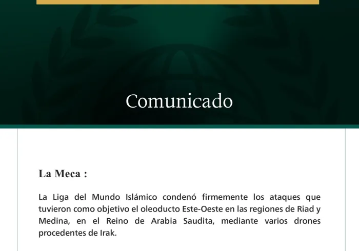 La Liga del Mundo Islámico condena los ataques contra el Reino de Arabia Saudita llevados a cabo mediante drones procedentes de Irak.