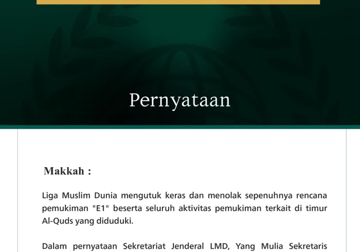 Liga Muslim Dunia Mengecam Rencana Pemukiman "E1" dan Aktivitas Pemukiman Terkait di Timur Al-Quds yang Diduduki