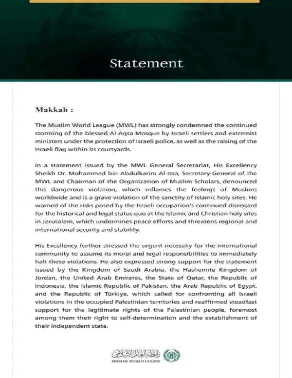 The Muslim World League Condemns Ongoing Israeli Storming of Al-Aqsa Mosque