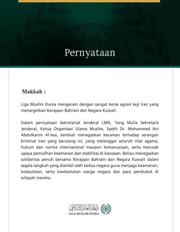 Liga Muslim Dunia Kecam Agresi Keji Iran terhadap Bahrain dan Kuwait