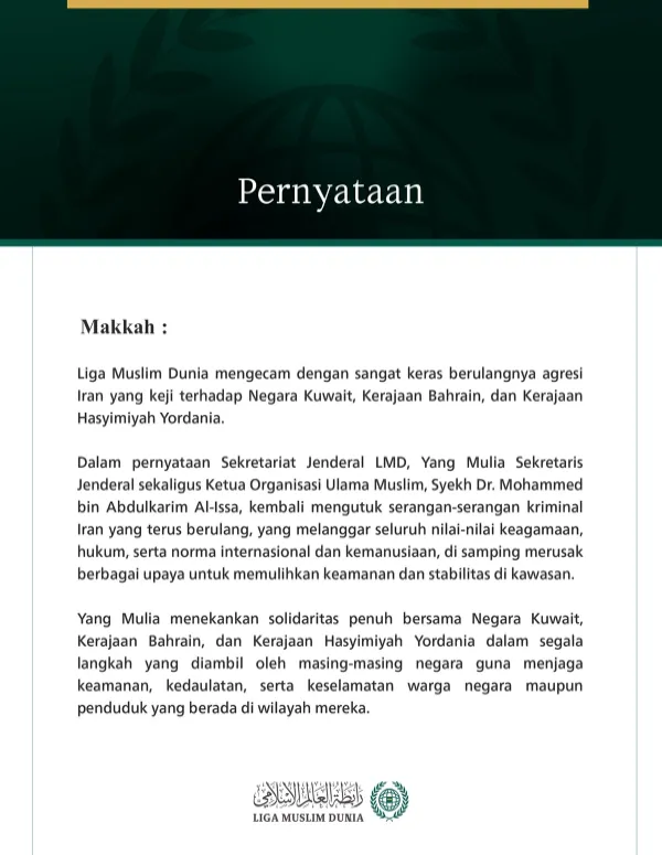 Liga Muslim Dunia Mengecam Berulangnya Agresi Iran yang Keji terhadap Kuwait, Bahrain, dan Yordania