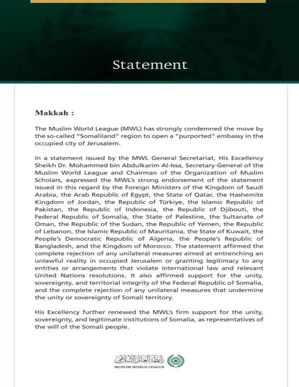 The Muslim World League Condemns the So-Called “Somaliland” Region’s Opening of a “Purported” Embassy in Occupied Jerusalem