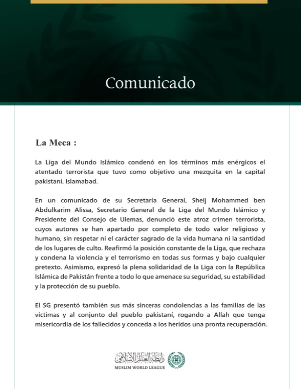 La Liga del Mundo Islámico condena el atentado terrorista que tuvo como objetivo una mezquita en Islamabad.