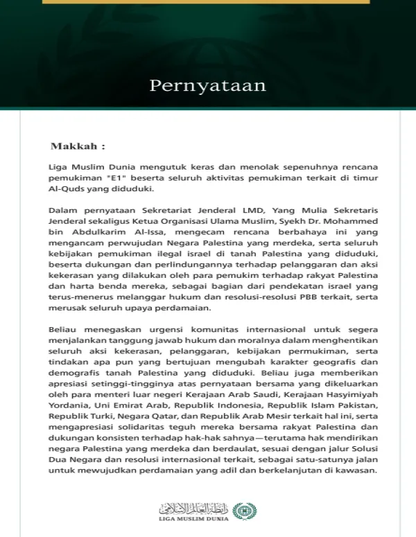 Liga Muslim Dunia Mengecam Rencana Pemukiman "E1" dan Aktivitas Pemukiman Terkait di Timur Al-Quds yang Diduduki