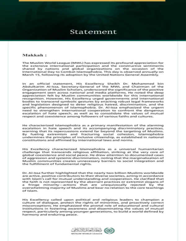 The Muslim World League Commends Global Engagement on the International Day to Combat Islamophobia and Calls for Legislative Action