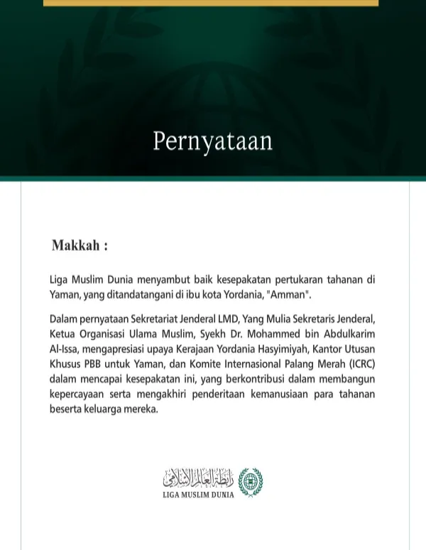 Liga Muslim Dunia Sambut Baik Kesepakatan Pertukaran Tahanan di Yaman