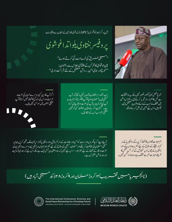 آل پروگریسو کانگریس (APC) کے قومی چیئرمین، پروفیسر نینتاوی بیلواتدا کے خطاب سے منتخب اقتباسات، جو انہوں نے مغربی افریقہ میں سماجی امن کے لیے رابطہ عالم اسلامی کے اقدام کے آغاز کے موقع پر مسیحی برادری کی نمائندگی کرتے ہوئے پیش کیا