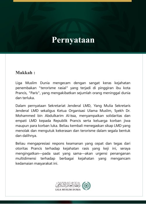 Liga Muslim Dunia Mengutuk Serangan "Terorisme Rasial" di Barat Daya Paris