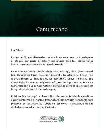 La Liga del Mundo Islámico condena la agresión criminal iraní contra varias infraestructuras vitales en el Estado de Kuwait