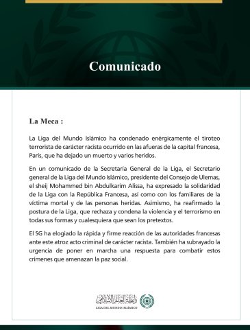 La Liga del Mundo Islámico condena el atentado terrorista de carácter racista perpetrado al suroeste de París